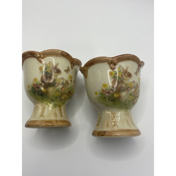 Vintage Ceramic Bunny Floral Egg Cups Set Of 2 With Scalloped Edges - Picture 2 of 10